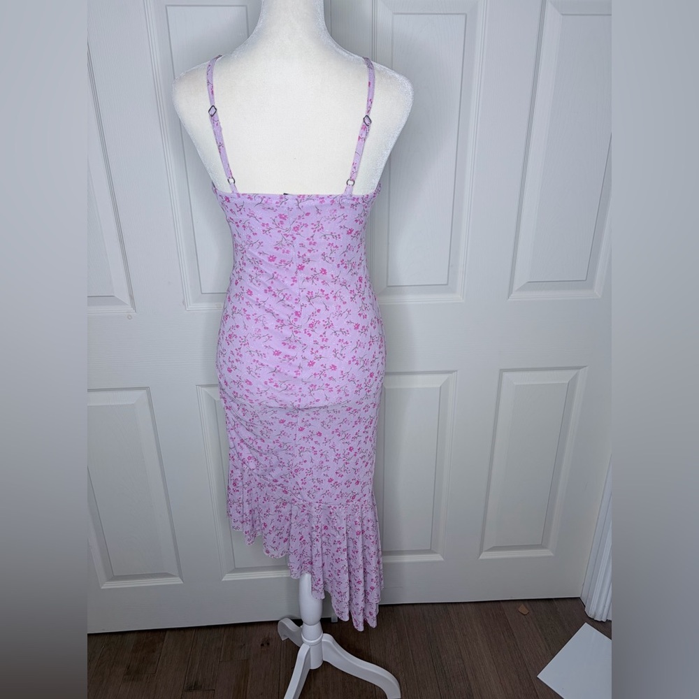 Lilac floral mini dress with asymmetrical ruffle trim adjustable straps sz xxs - Picture 4 of 12